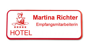 Prestige Namensschilder aus Kunststoff - Roter Rand und weißer Hintergrund | www.namensschilder-nbi.de